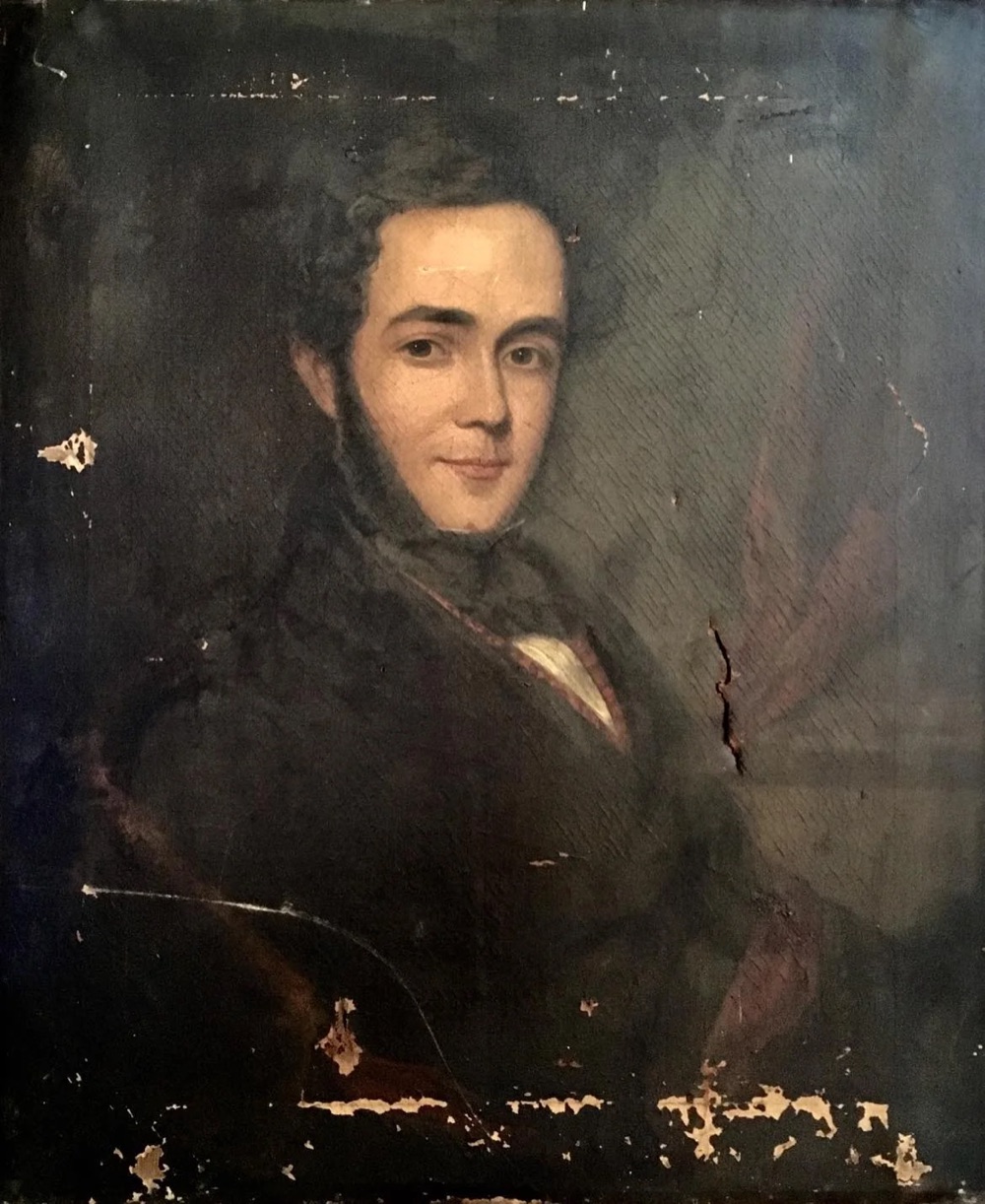 The Ancestor: an unframed oil portrait of a kindly-looking man with dark eyes and thick eyebrows