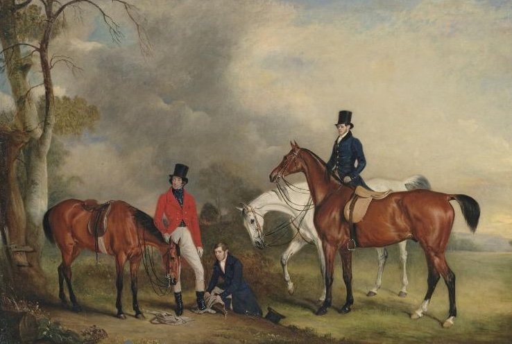A painting by John Ferneley of James Ogilvie Fairlie with grooms and horses